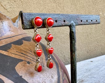 Navajo Chris Billie Sterling Silver Coral Dangle Earrings w/ Heart Design