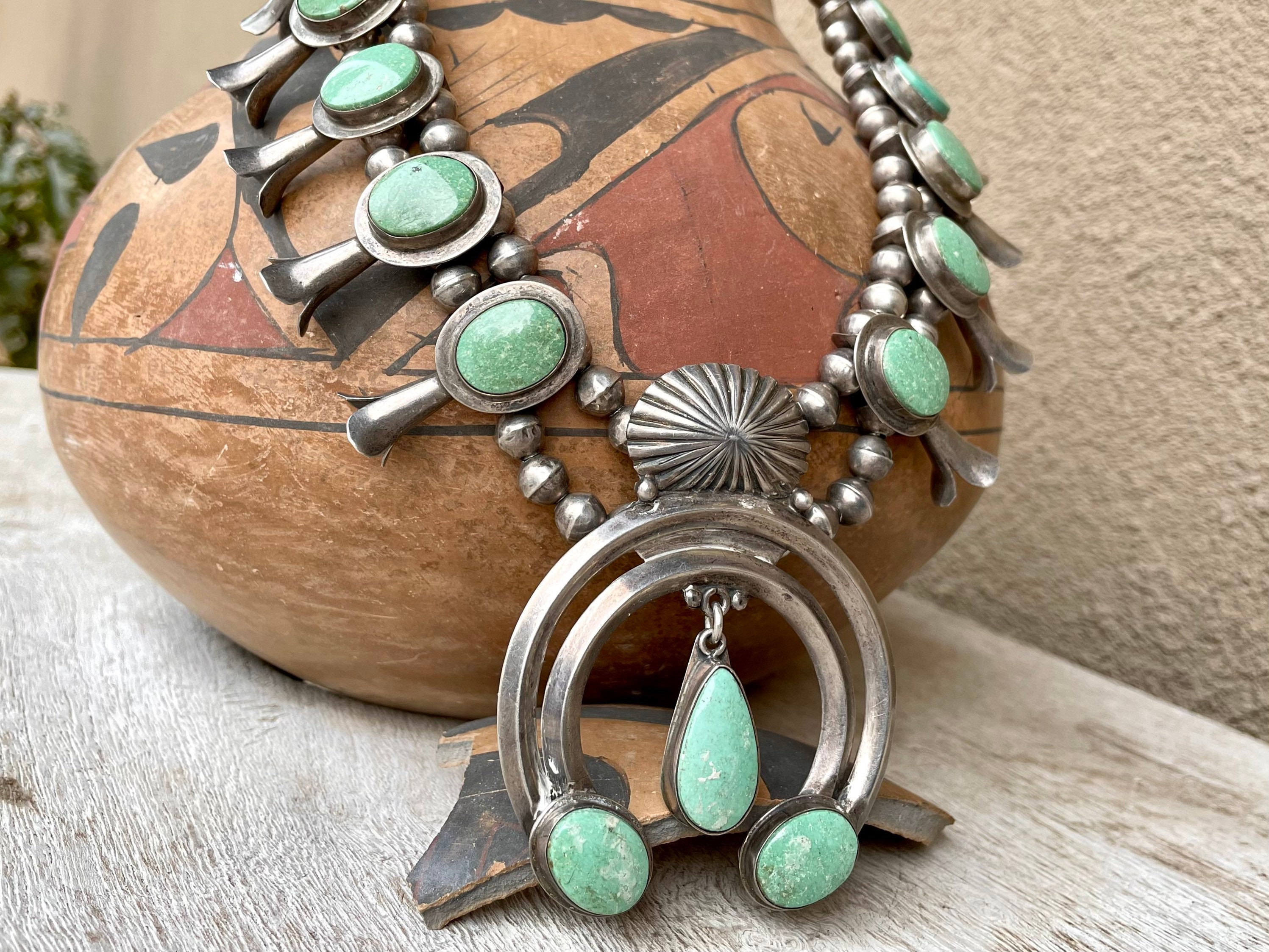 167g Green Turquoise Squash Blossom Necklace Circa 1980s, Vintage