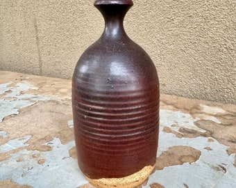 Signed Vintage Art Studio Pottery Weed Pot Steely Brown Glaze, Natural Organic Modern Decor