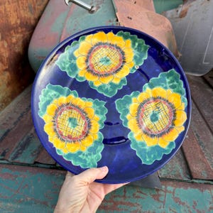 Vintage Mexican Pottery Sunflower Plate Wall Hanging Approx 11.5, Rustic Southwestern Decor