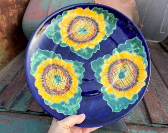 Vintage Mexican Pottery Sunflower Plate Wall Hanging Approx 11.5, Rustic Southwestern Decor
