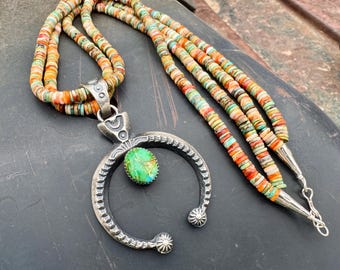 Navajo Kevin Billah Sterling Silver Turquoise Naja on Two-Strand Spiny Oyster Necklace