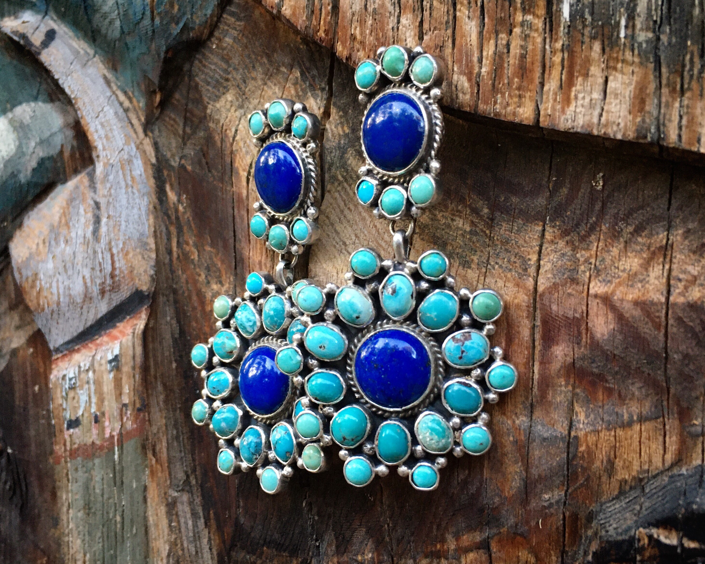 Turquoise Lapis Lazuli Cluster Dangle Earrings, Navajo 