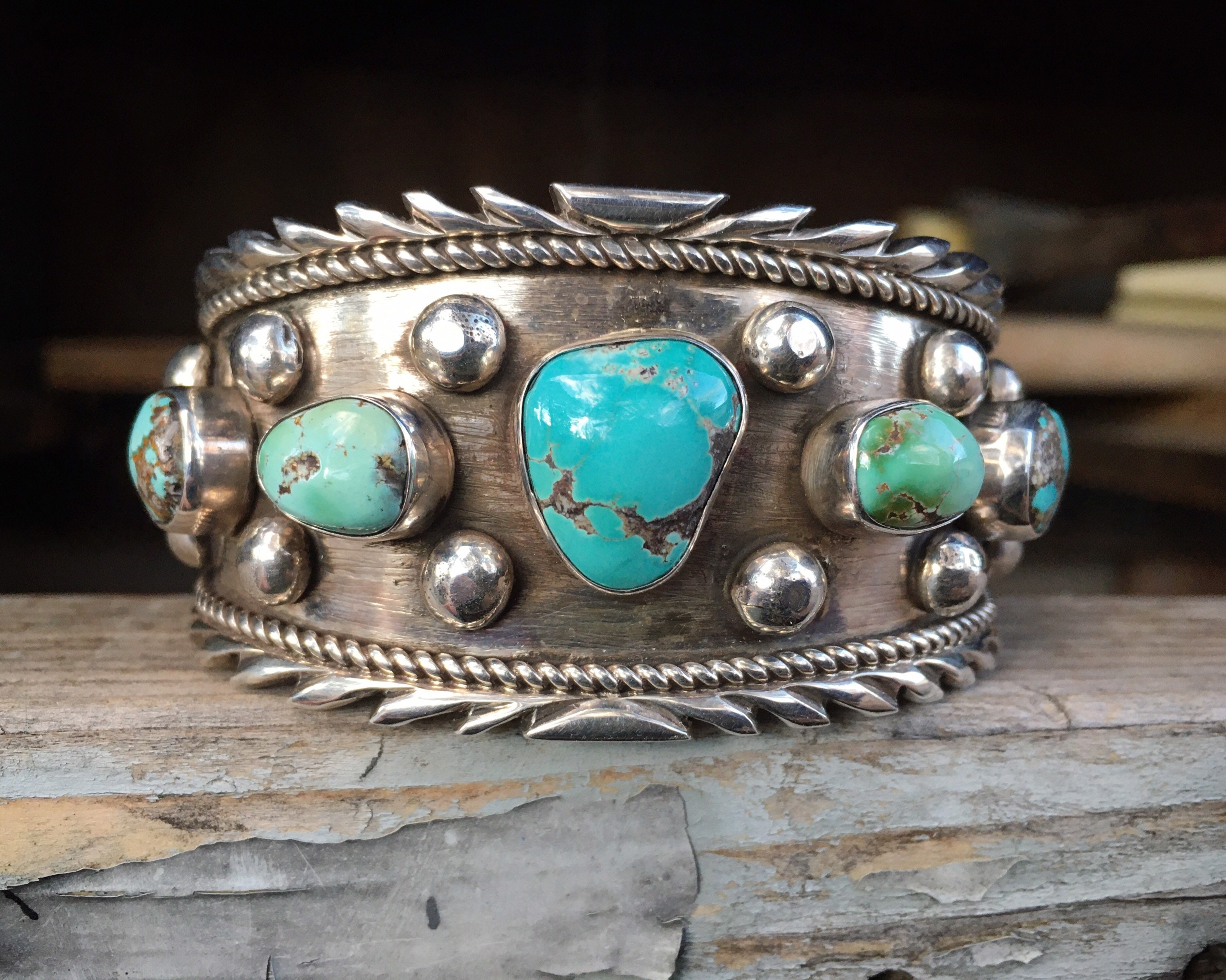 Workmanship Vintage Native American Navajo Turquoise Gold Sterling Silver Bracelet Workmanship Vintage Native American Navajo Turquoise Gold Sterling Silver Bracelet