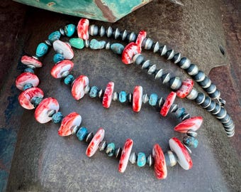 Chimney Butte Turquoise Spiny Oyster Sterling Silver Bead Necklace Approx 26”