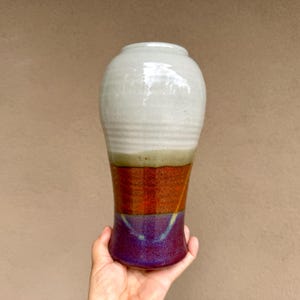 Hanselmann Pottery Flower Vase Approx 9" Tall, Purple Gray Brown