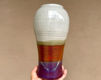 Hanselmann Pottery Flower Vase Approx 9" Tall, Purple Gray Brown