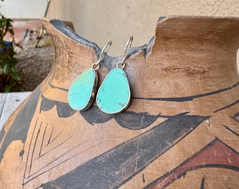 Small Turquoise Slab Earrings w/ Thin Silver Frame, Southwestern Dangles Native American