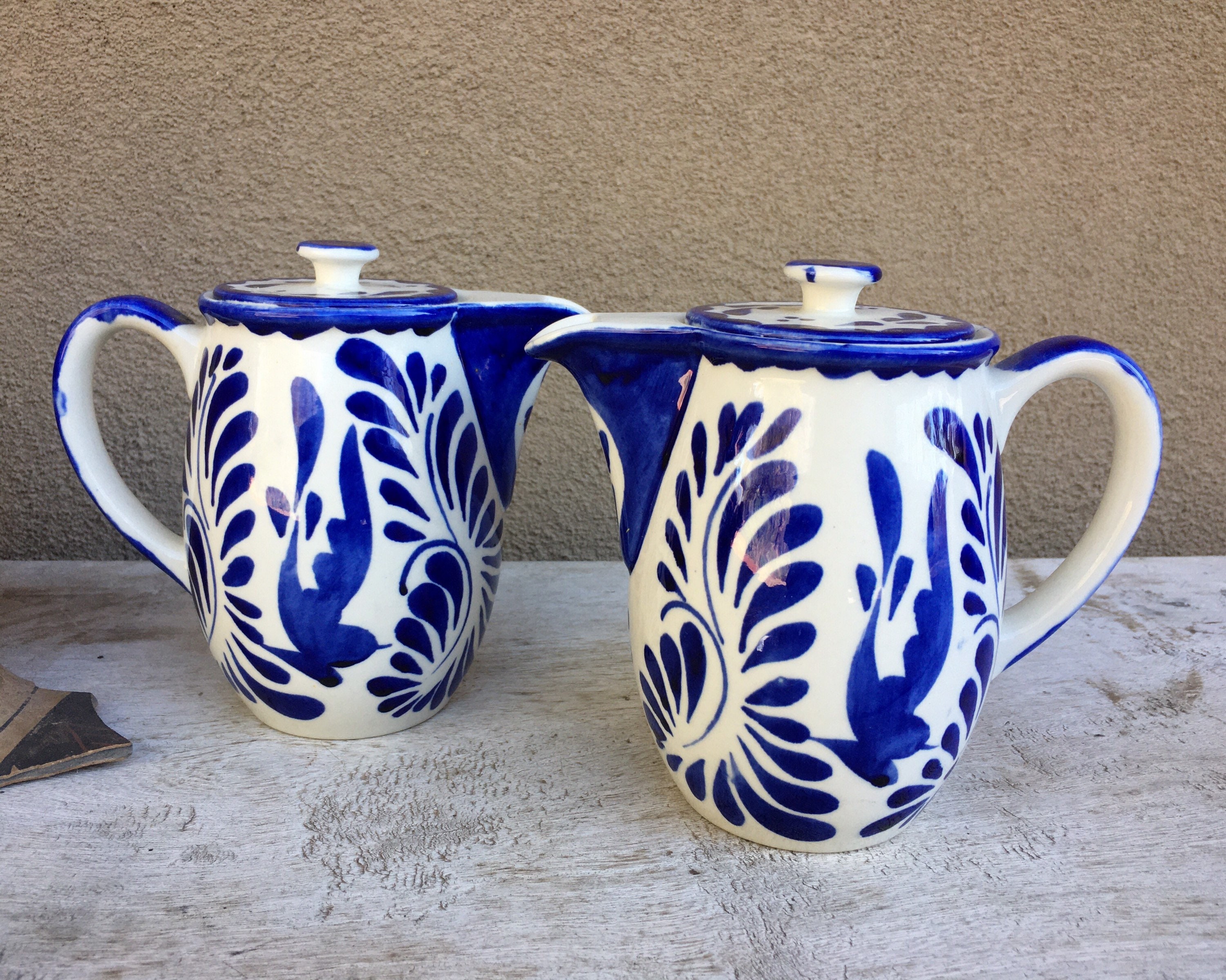 Two Mexican Anfora Puebla Blue Lidded Pitcher Creamers, Blue and White
