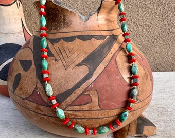 Vintage Coral & Turquoise Bead Necklace Approx 27", Knotted Twine, Southwestern Jewelry