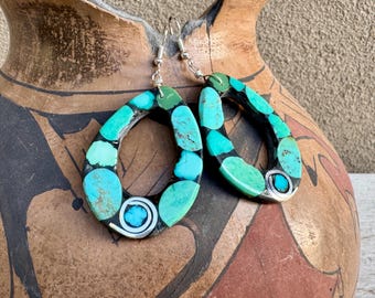 Santo Domingo Daniel Coriz Turquoise Black Onyx Inlay Hoop Earrings, Native American Jewelry