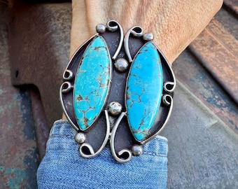 Vintage Turquoise Cuff Bracelet Approx Size 6 Butterfly Design, Signed RL, Old Pawn