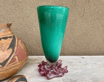Signed Stephen Schlanser Art Studio Glass Vase 9", Teal White Lavender Colors, Foamy Riptide Base