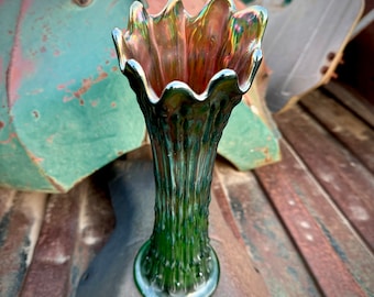 Antique Green Marigold Carnival Glass Swung Vase 10" Possibly April Showers, Imprinted Flower