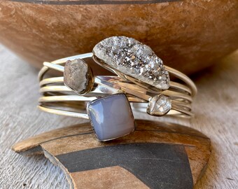 Gray Gemstone Contemporary Cuff Bracelet by Lilly Barrack, Moonstone Druzy Herkimer Diamond