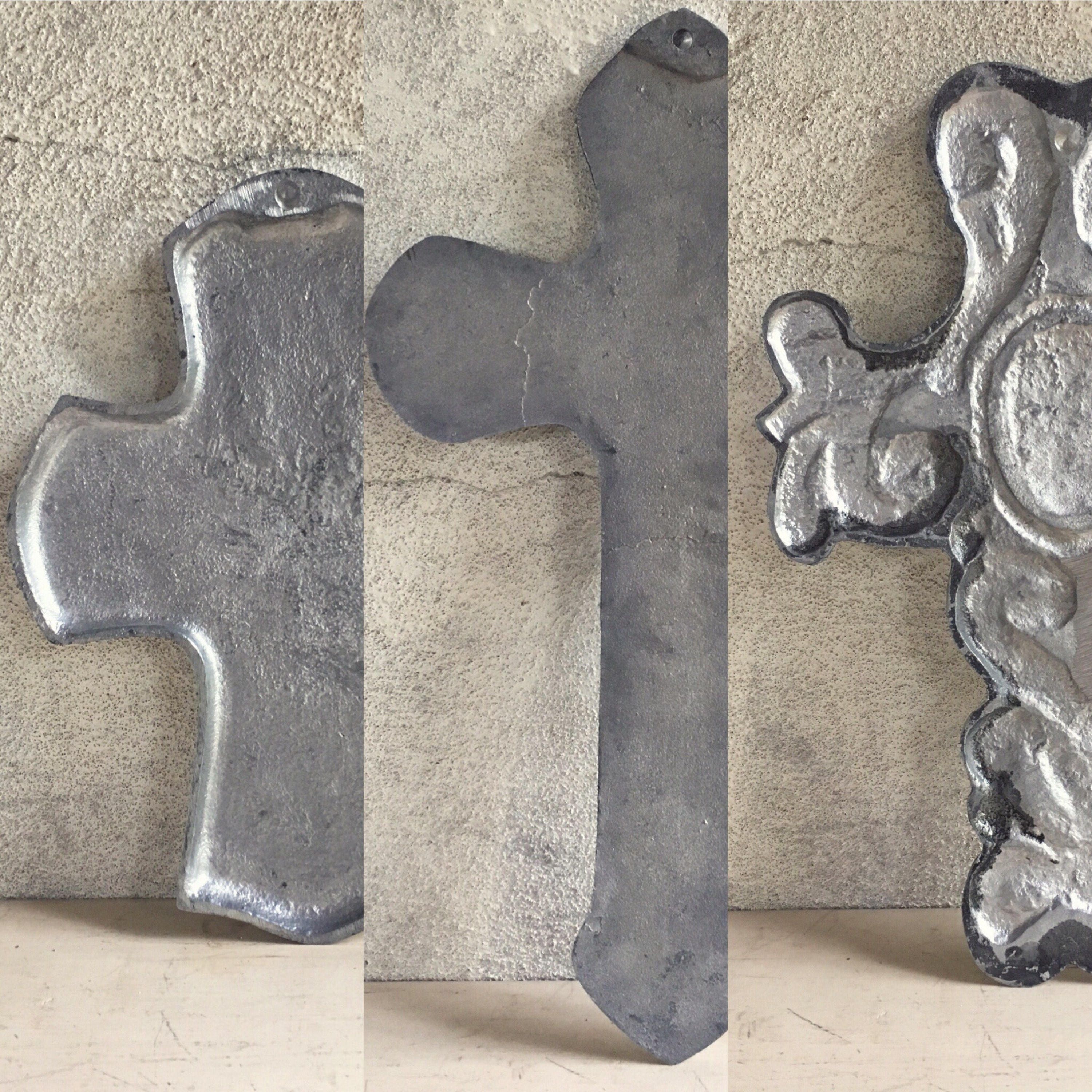 Three vintage wall crosses made of pewter wall hangings Spanish decor