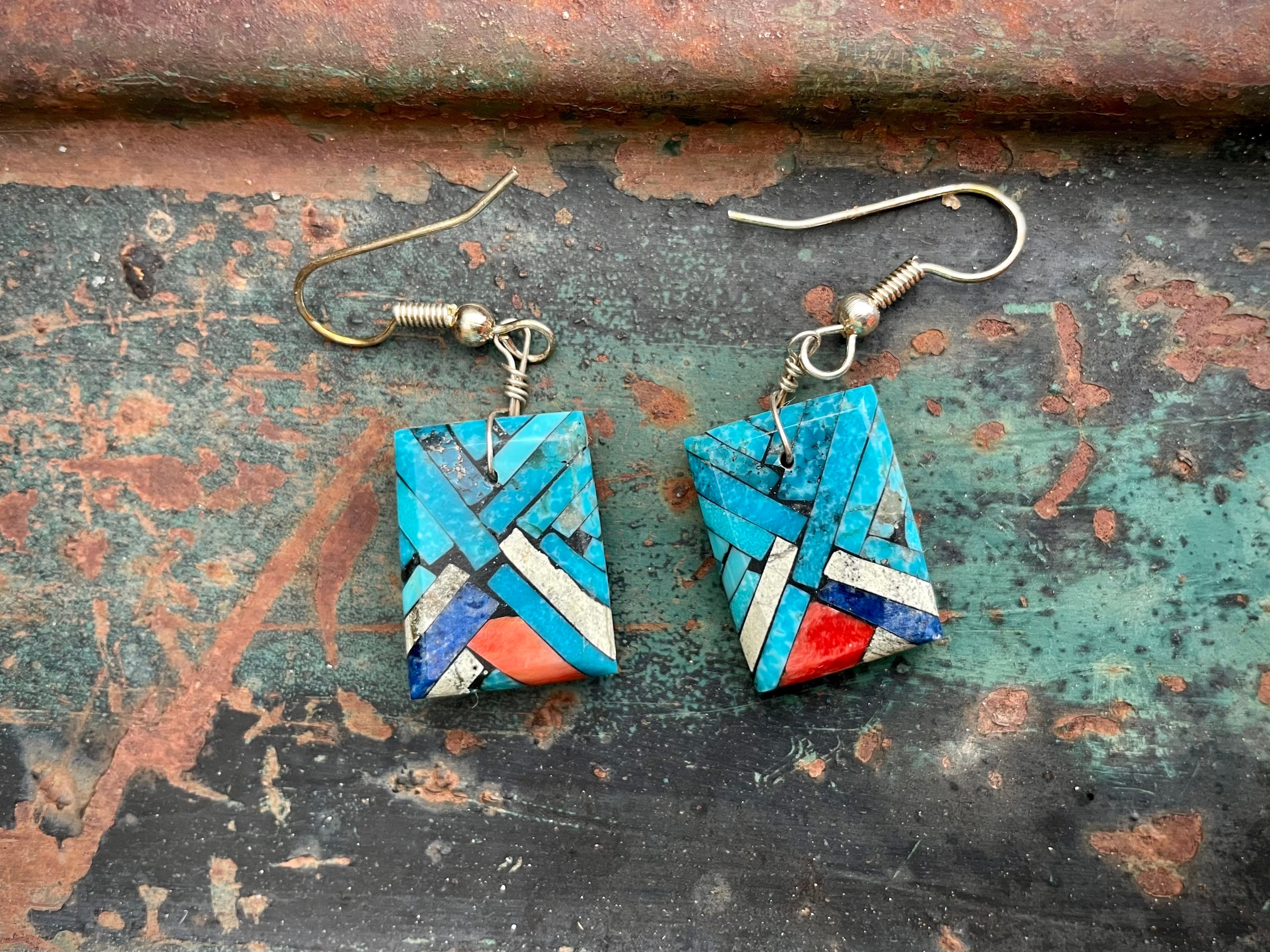 Multi Stone Turquoise Shell Slab Inlay Earrings by Santo Domingo Joe ...