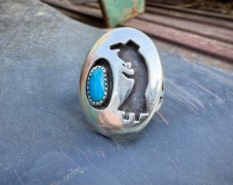 Vintage Turquoise Sterling Silver Overlay Ring Approx Size 9 to 10, Kachina Cut Out Design