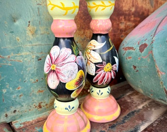 Pair of 1997 Handpainted Wood Candleholders by Tracy Porter, Pink Black Pastels, Shabby Decor