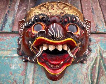 Vintage Hand Carved and Painted Balinese Wood Mask of Barong Topeng, Indonesia Folk Art