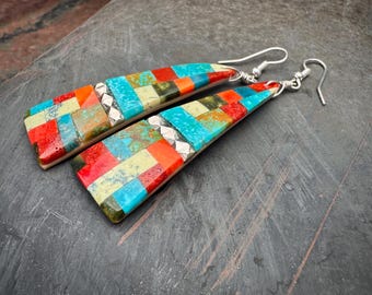 Santo Domingo Daniel Coriz Turquoise Spiny Oyster Inlay Earrings, Sterling Silver Inclusions