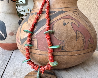 Vintage Natural Red Coral Branch Beads and Turquoise Tab Necklace Approx 21”