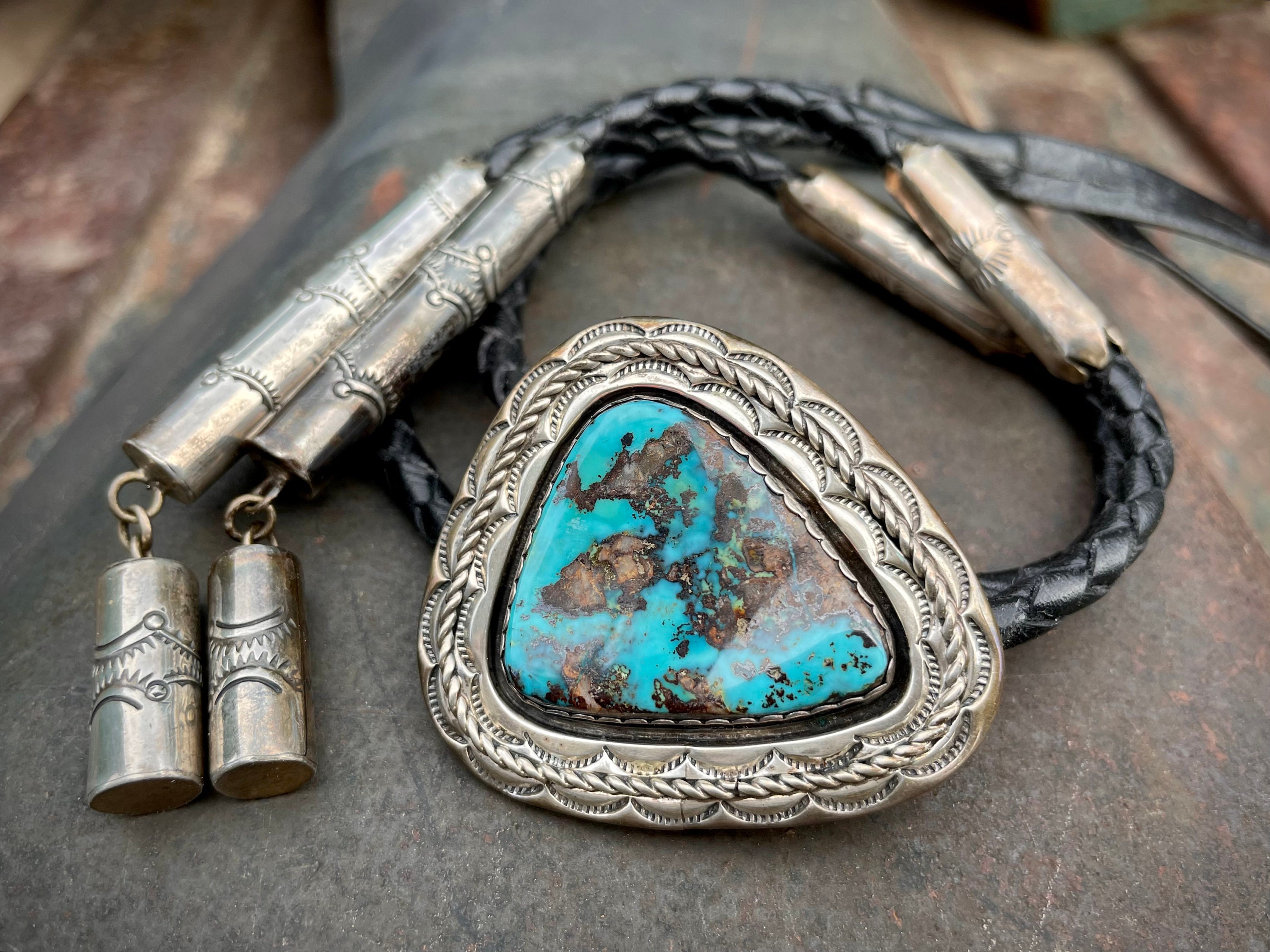 Magnificent Vintage Native American Navajo Pilot Mountain Turquoise Sterling Silver Bolo Signed Magnificent Vintage Native American Navajo Pilot Mountain Turquoise Sterling Silver Bolo Signed