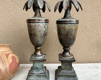 Vintage Metal Candle Holder Set Palm Tree or Pineapple Design, Pair Candleholders, Tiki Bar Decor