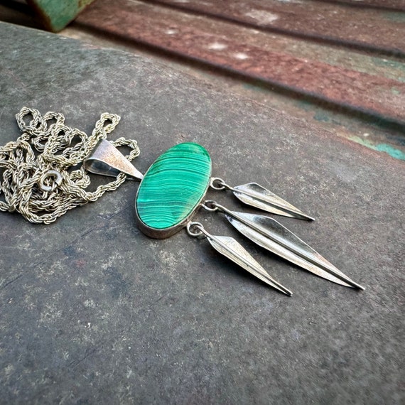 Vintage Green Striated Malachite Sterling Silver … - image 1