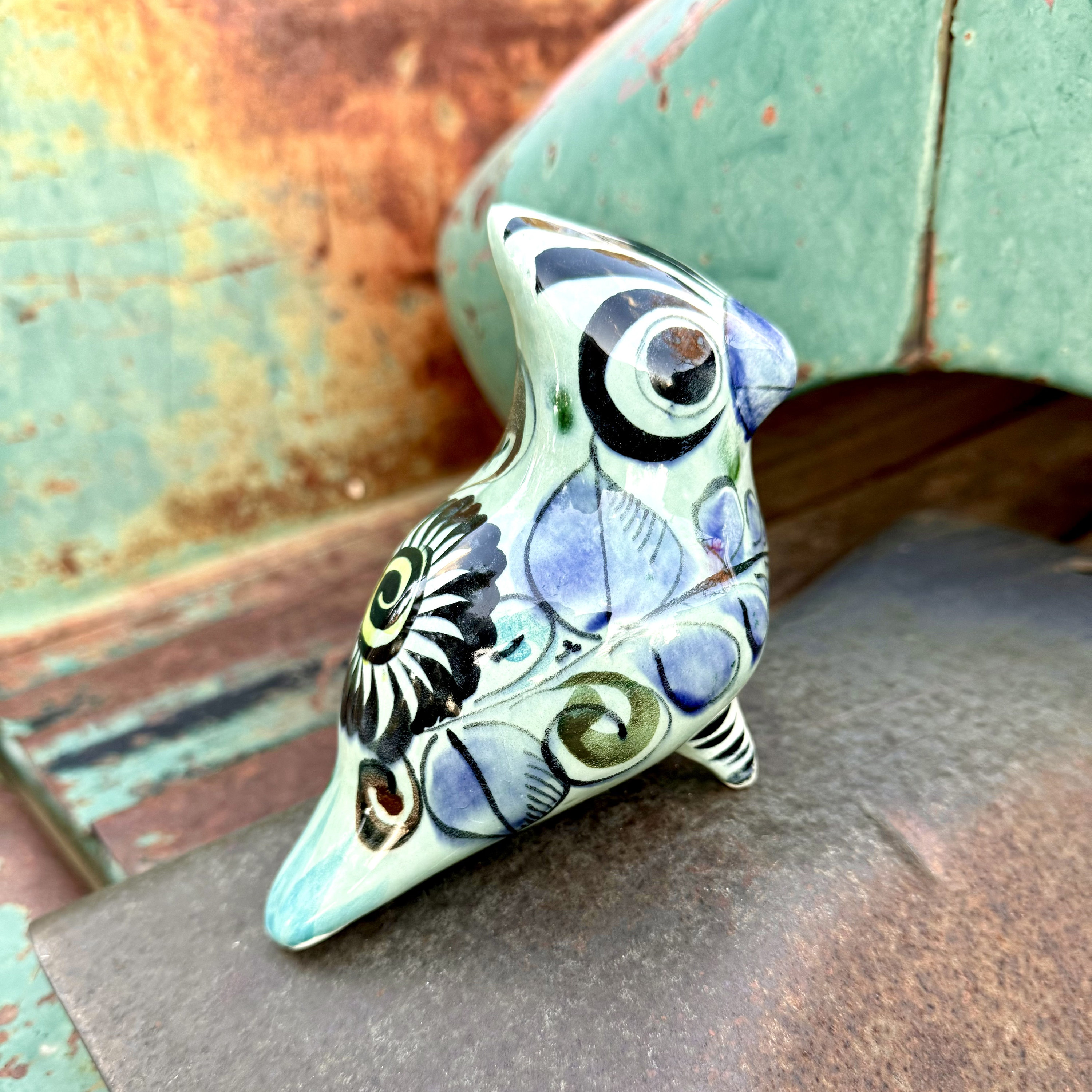 Vintage Tonalá Pottery Bird Figurine Blue-Green Floral