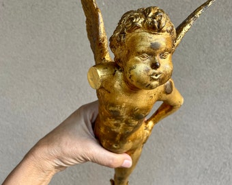 Antique Distressed Gilt Putti Cherub with Wings (Missing Limbs) Architectural Salvage, Vintage Religious Art Decoration, Baroque Display