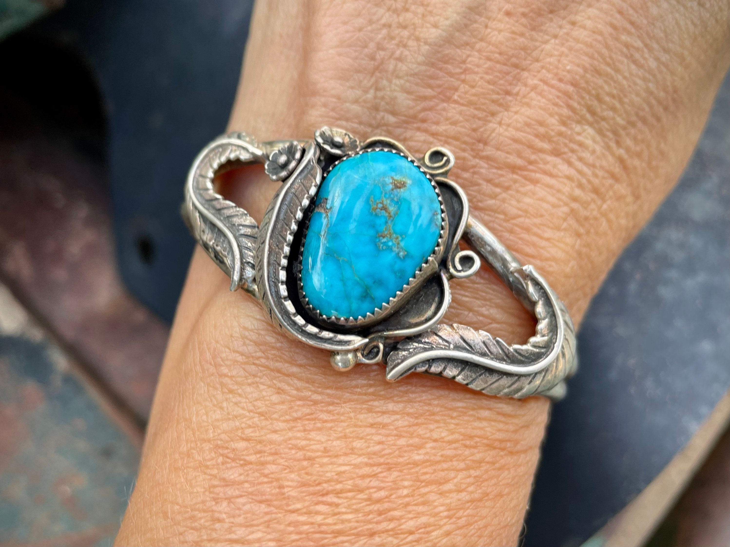 Silver cuff bracelet deals with turquoise stone
