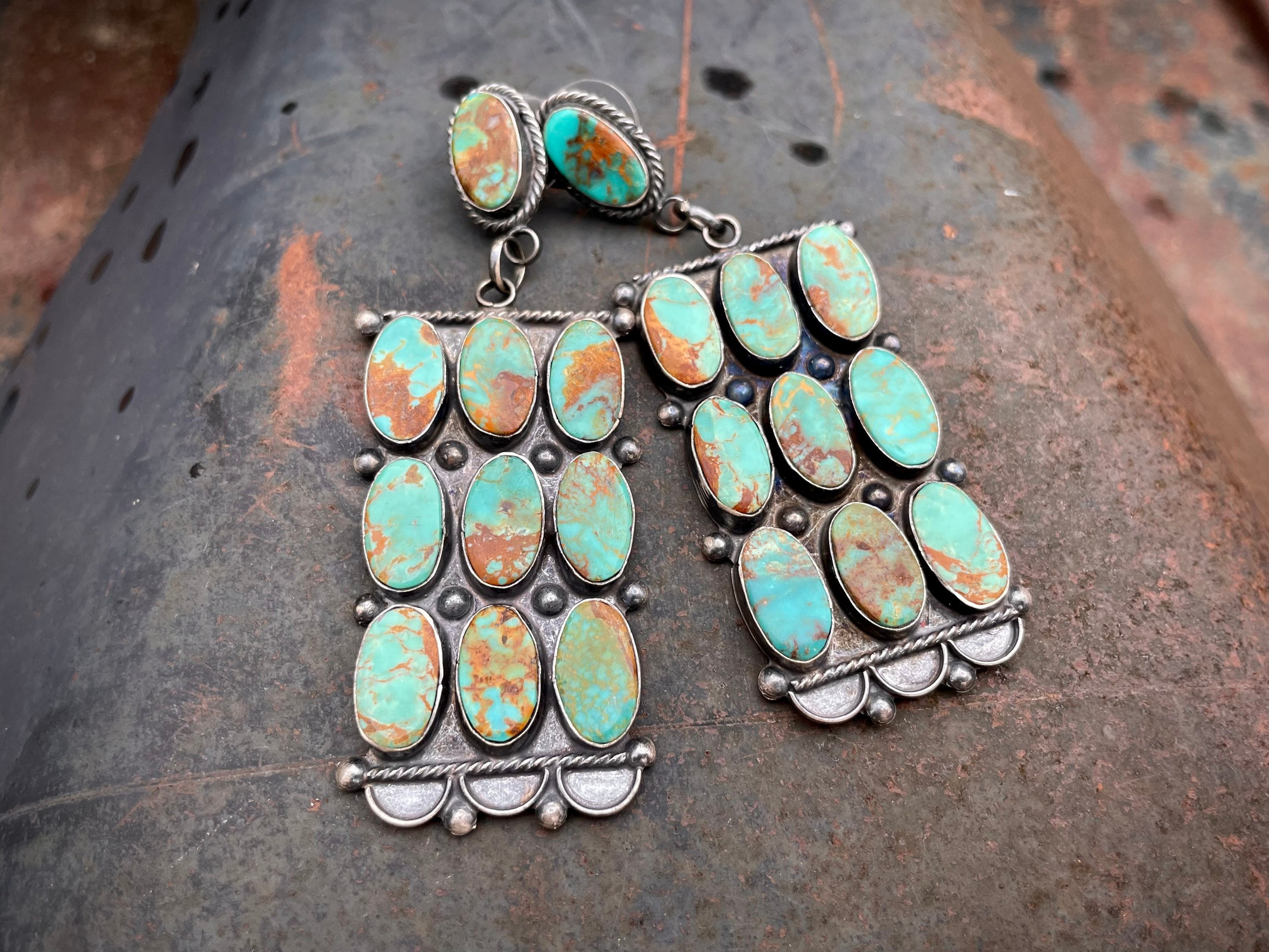 Long Turquoise Cluster Post Earrings By Navajo Jacqueline Silver