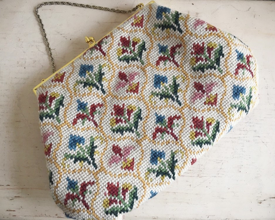 Vintage Woolen Needlepoint Top Handle Bag with Goldtone Clasp 1950s to