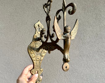 Vintage Wall Mount Brass Hanger with Angel Design, Eclectic Home Decor for Front Porch