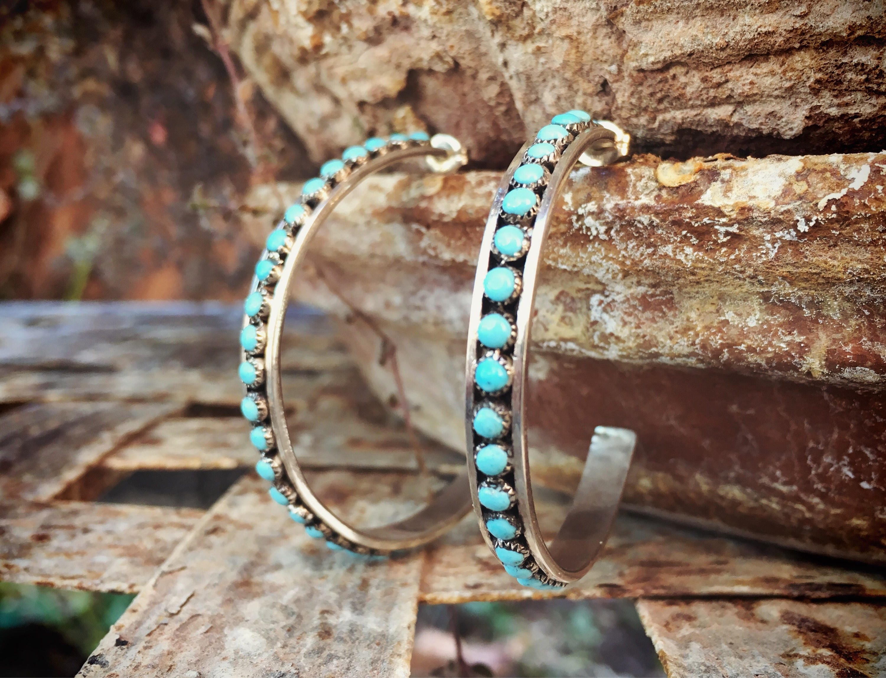Silver Turquoise Hoop Earrings Native American Indian Jewelry Signed Zuni Earrings