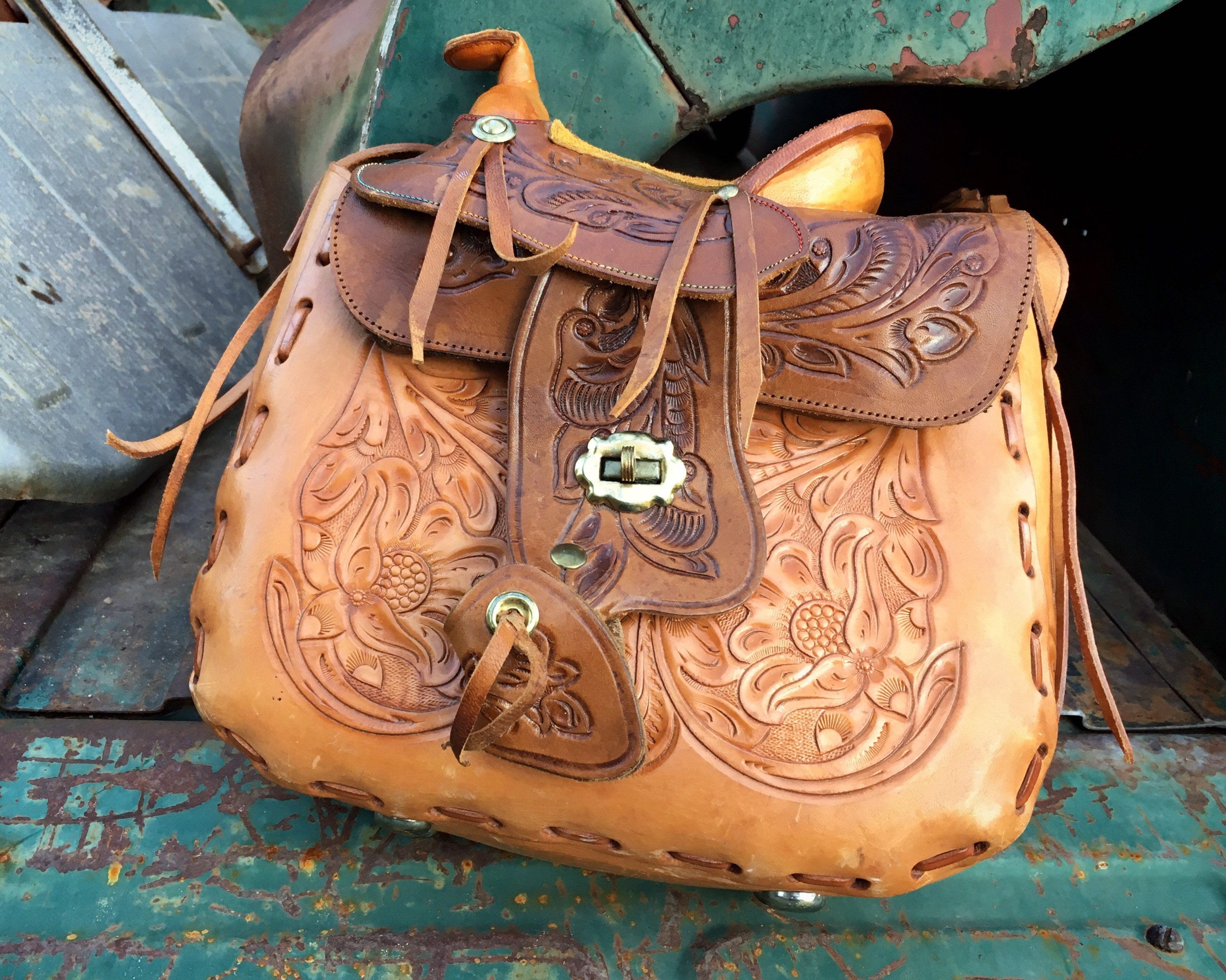 Vintage Red and Black Leather Saddle Purse - Bags and purses