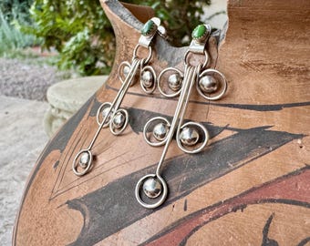 Green Turquoise Sterling Silver Windchime Earrings w/ Dangles, Navajo Delbert Armstrong