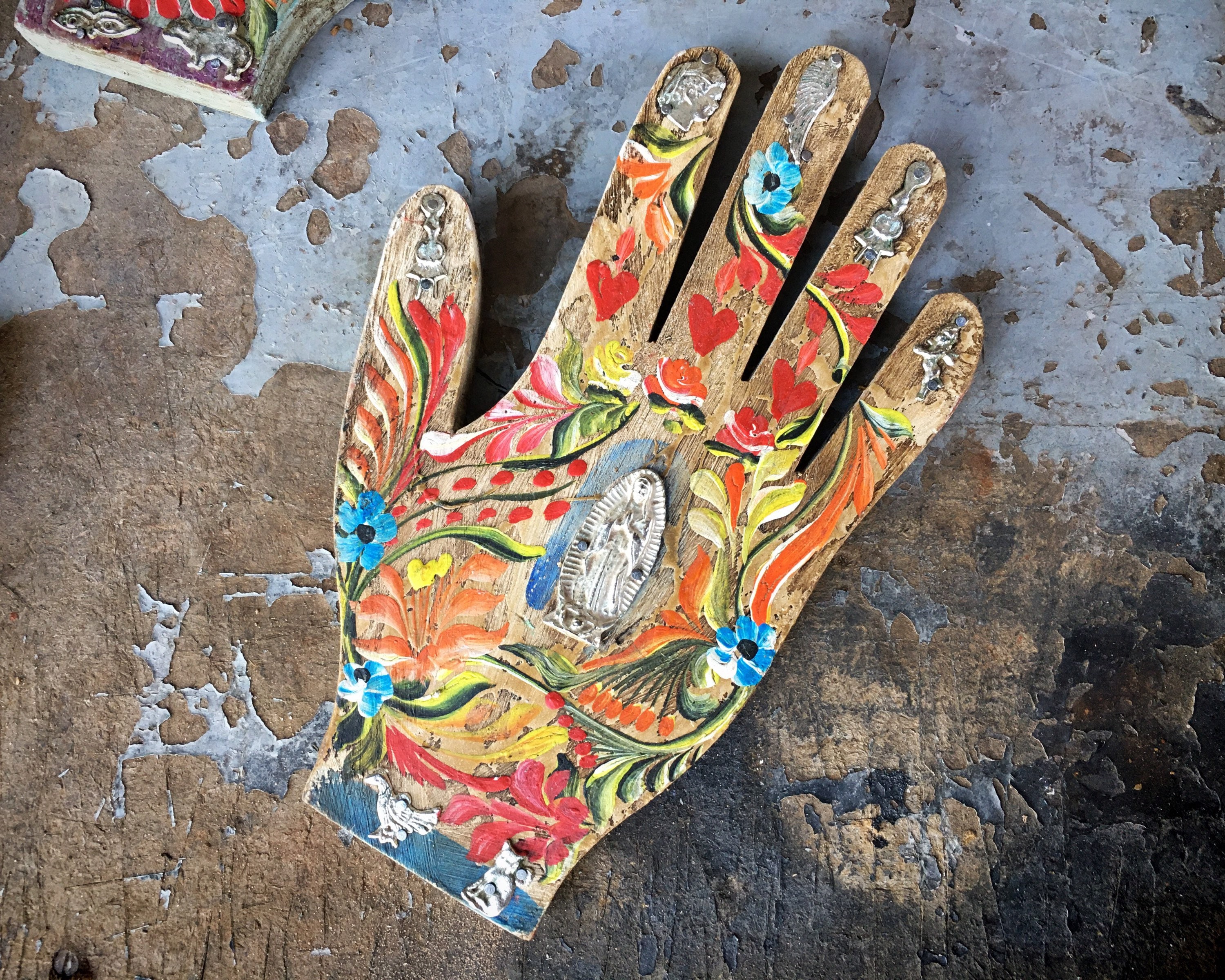 Mexican Painted Wood Right Hand Wall Hanging with Virgin of Guadalupe