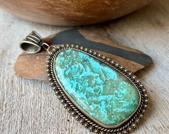 Large Vintage Turquoise Sterling Silver Pendant w/ Decorative Frame & Bale, Navajo Native American Indian Jewelry, December Birthstone Gift