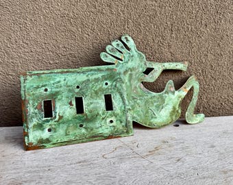 Vintage Southwestern Kokopelli Metal Light Switch Cover Verdigris, Triple Switchplate
