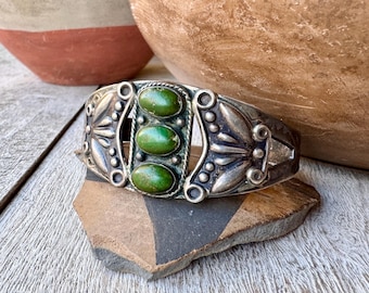 Fred Harvey Era Green Turquoise Cuff Bracelet Approx Size 6, Old Pawn Vintage Navajo Style