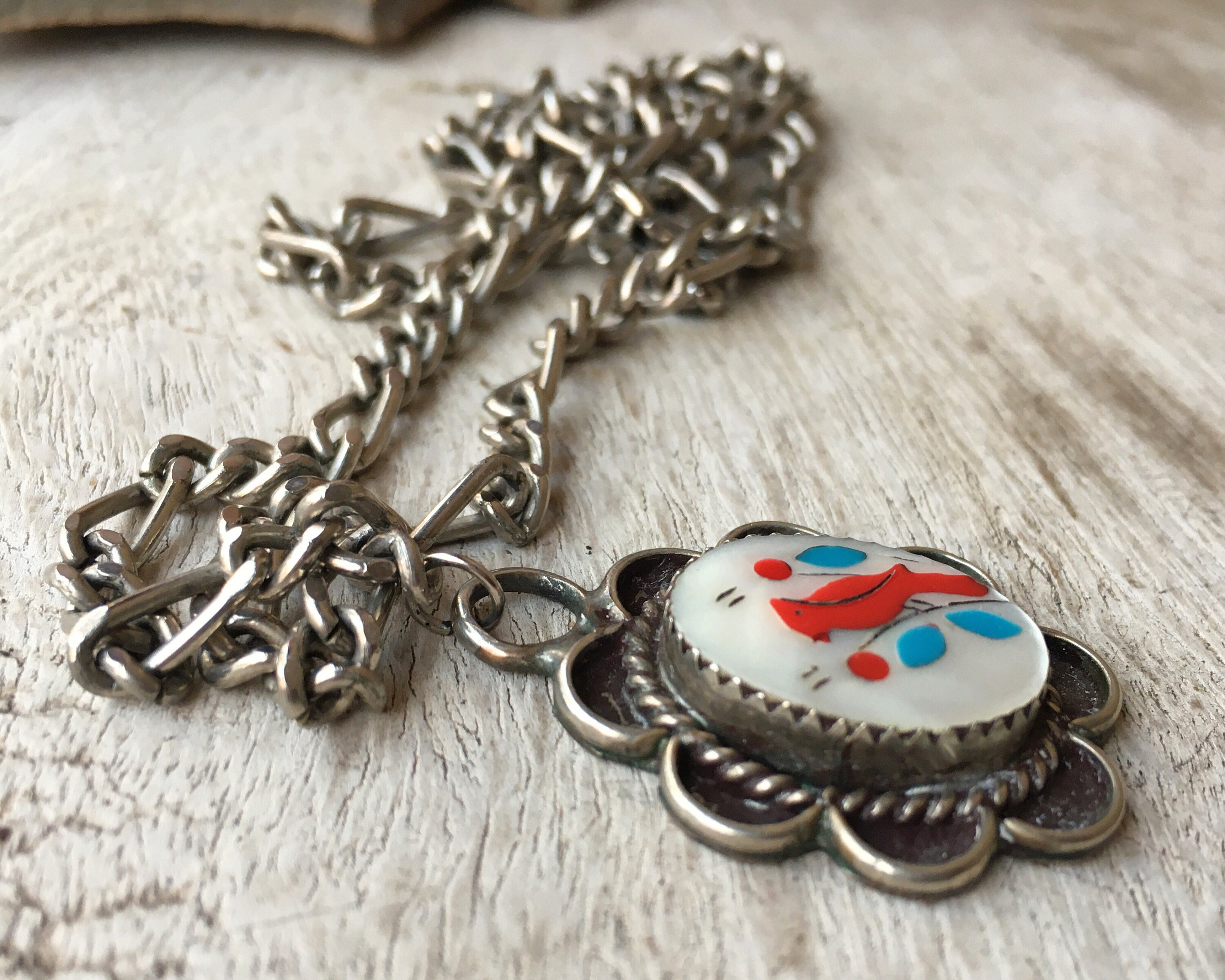 1970s Zuni Red Cardinal Inlay Pendant on Heavy Chain, Native American