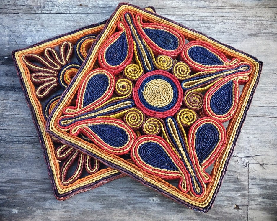 Pair of Woven Straw Rattan Trivets Colorful Home Decor Organic ...