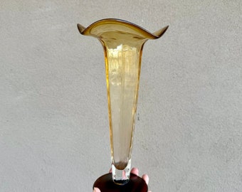Vintage Hand Blown Two-Tone Art Glass Trumpet Vase 11.5" Tall, Mexican Modern Rustic Home Decor