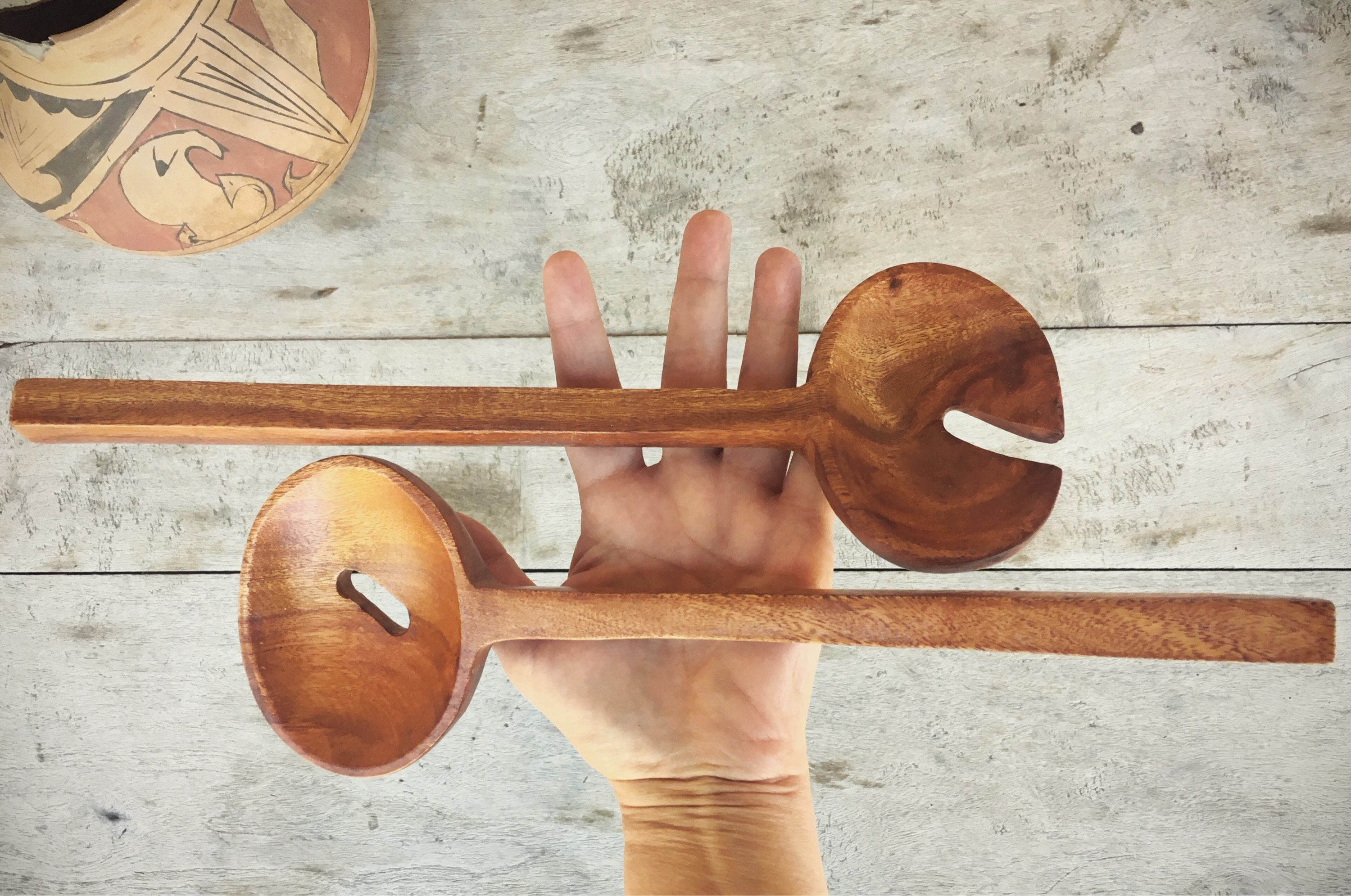 Salad Serving Utensils Wooden Fork and Spoon, Mid Century Salad Servers