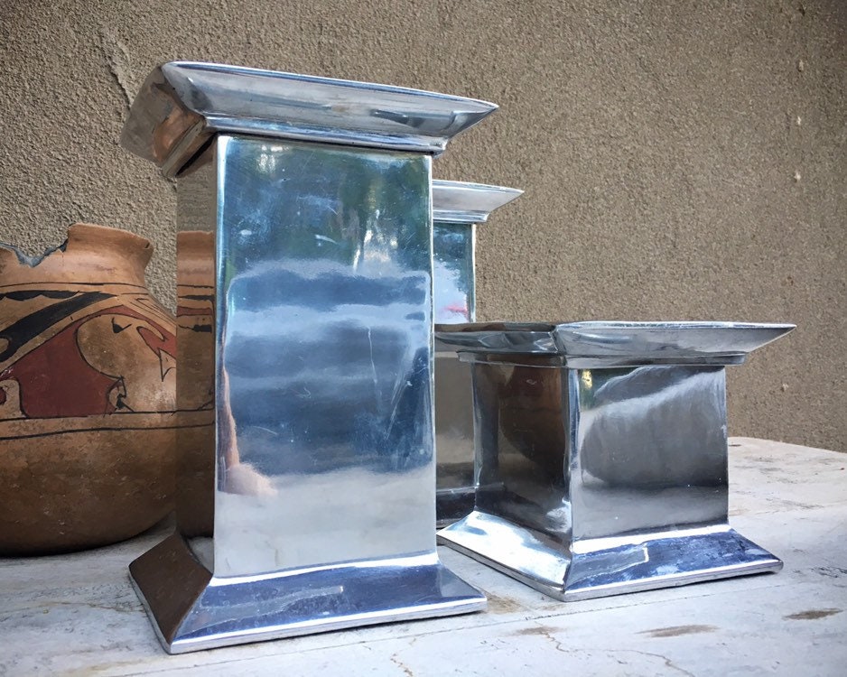 Set of Three Pewter Candlestick Holders Silver Color Pillar