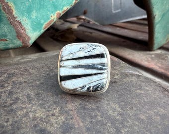 White Buffalo Inlay Ring Size 6.25 by Ed Lohman, Square Shape