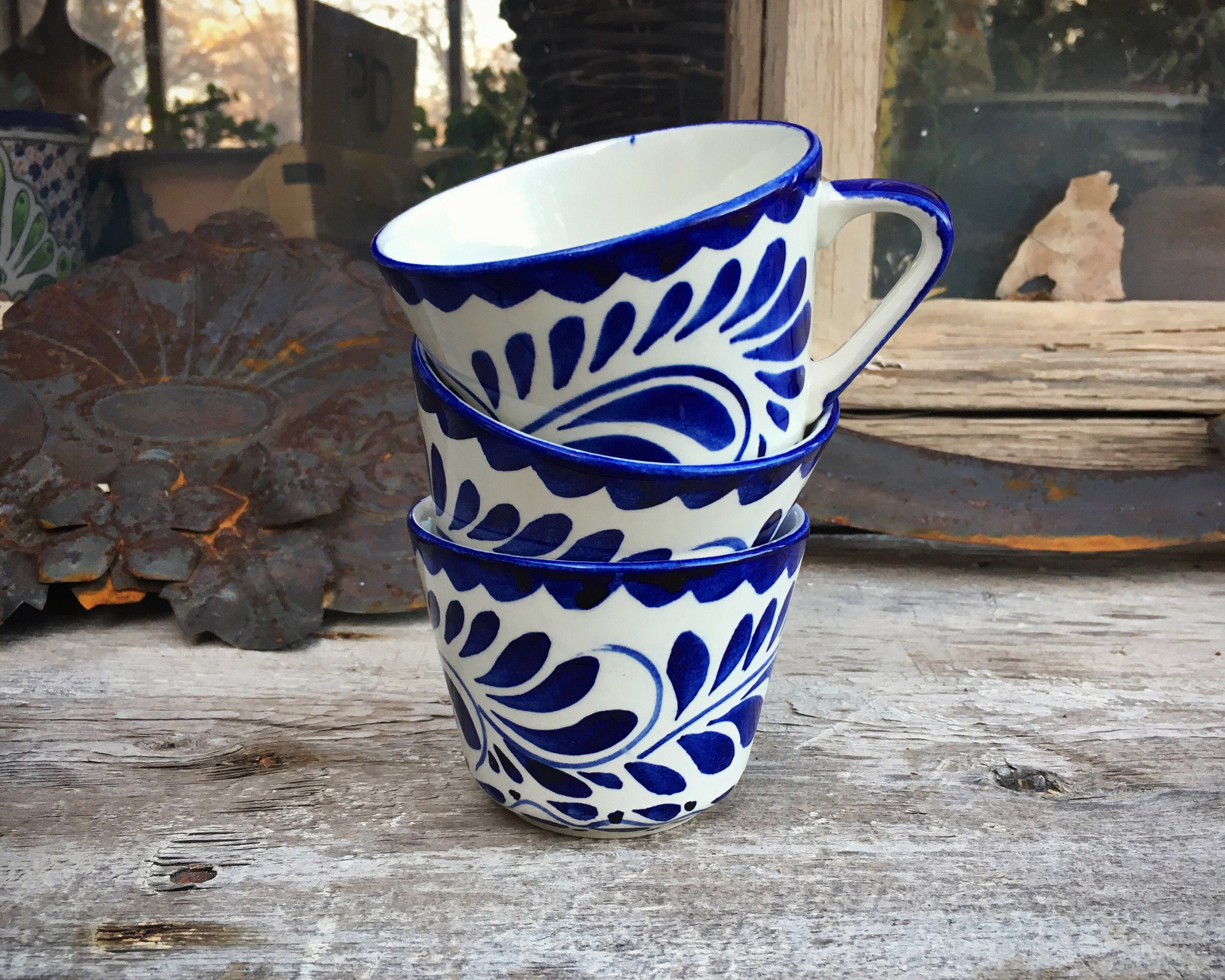 Three Vintage Mexican Anfora Puebla Blue Cups, Blue and White Talavera
