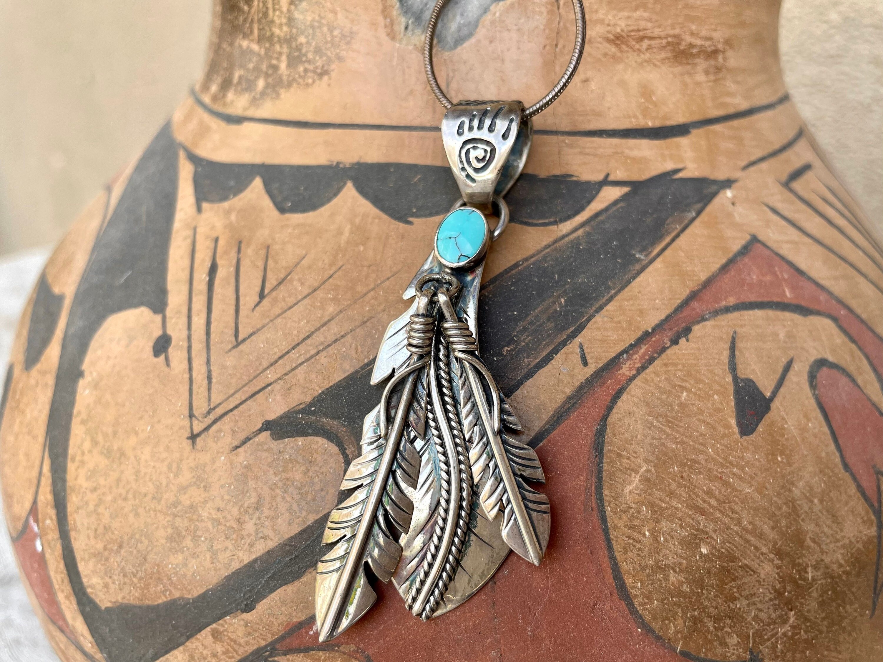 Turquoise with Dangling Feathers Pendant Necklace 18 Chain, Signed